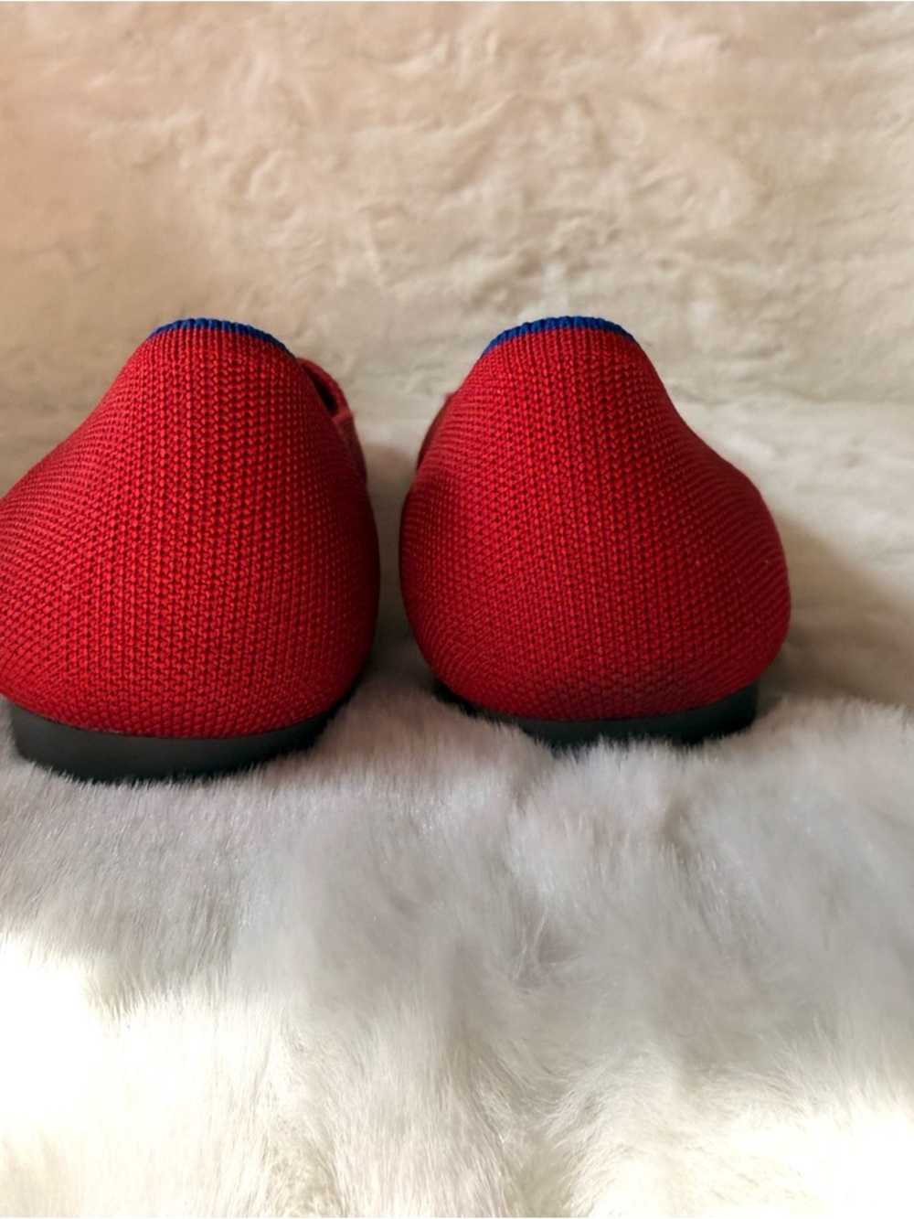 Rothy's Red Pointed Knit Flats with Blue Trim - Picture 6 of 10